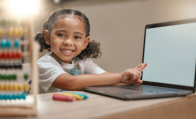 Mockup laptop, e learning portrait and child pointing at digital mock up screen for marketing,...
