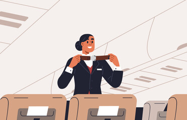Stewardess during safety instructions in air plane. Flight attendant in airplane aisle, telling rules, instructing to fasten seat belts. Aircraft crew, security demonstration. Flat vector illustration
