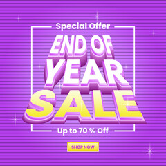sale promotion for end of year design. 3d text effect, puple background, stripes pattern concept. use for banner, poster, brochure, advert, marketing, ads