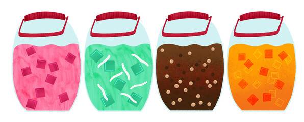 Filipino samalamig sweet chilled beverages in pink gulaman, buko pandan, sago gulaman and orange flavor in jars