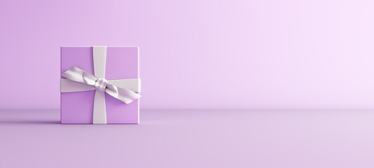Mock-up poster, lavander color gift box with white bow on light purple background, 3D Render, 3D...