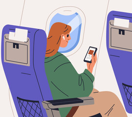 Air passenger listening to music in earphones during flight. Woman tourist sitting in airplane seat with mobile phone. Girl with smartphone by porthole in plane, aircraft. Flat vector illustration