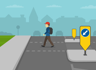 Pedestrian safety rules and tips. Male kid crossing the street on crosswalk. Zebra crossing with a central island. Keep left, pass on the left side of the island. Flat vector illustration template.