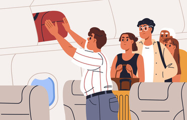 Passenger placing hand luggage, bag on overhead bin in airplane. Angry people waiting in air plane aisle while man putting carry-on baggage on shelf, aircraft cupboard. Flat vector illustration - obrazy, fototapety, plakaty