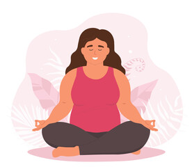 Fototapeta na wymiar A full girl is sitting in the lotus position on a background of tropical leaves. An overweight woman does yoga, gym. The concept of body positivity, self-perception. Vector graphics.