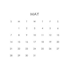 May 2023 calendar template. May 2023 layout. Printable monthly planner. Desk calendar design. Start of the week on Sunday.