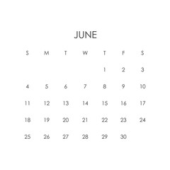 June 2023 calendar template. Layout for June 2023. Printable monthly planner. Desk calendar design. Start of the week on Sunday.