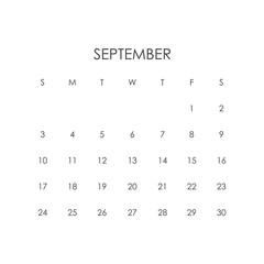 Calendar template for september 2023. Layout for september 2023. Printable monthly planner. Desk calendar design. Start of the week on Sunday.