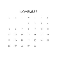 Calendar template for november 2023. Layout for november 2023 year. Printable monthly planner. Desk calendar design. Start of the week on Sunday.