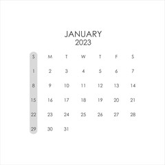 Calendar 2023 template. January 2023 layout. Printable minimalist monthly planner. Desk Calendar design. Week Start On Sunday.