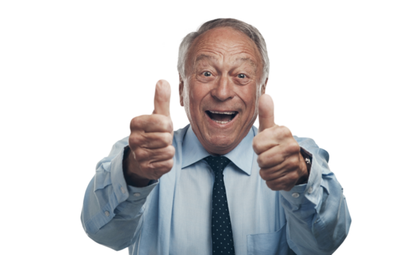 PNG shot of a senior businessman standing alone against a grey background in the studio with his thumbs up