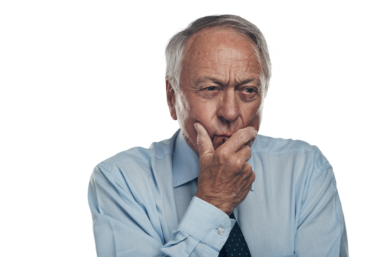 PNG shot of a senior businessman standing alone against a grey background in the studio and looking contemplative