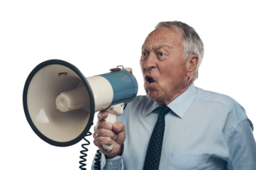 PNG shot of a senior businessman standing alone against a grey background in the studio and using a megaphone