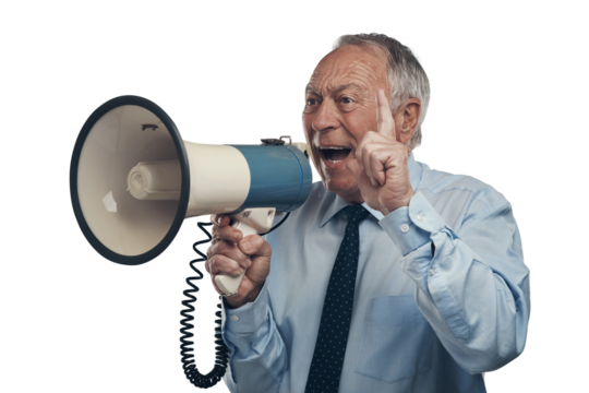 PNG shot of a senior businessman standing alone against a grey background in the studio and using a megaphone
