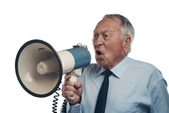 PNG shot of a senior businessman standing alone against a grey background in the studio and using a megaphone