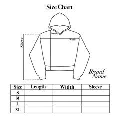 Size chart for hoodie crop top that can be edited as needed. This design is for fashion brands, selling products, templates, advertisements, and others.