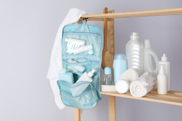 Fototapeta na wymiar Bath accessories, toilet bag for different self care items