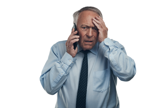 PNG shot of a senior businessman standing alone against a grey studio background and looking stressed while using his cellphone - Powered by Adobe