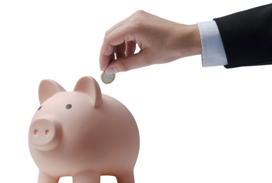 PNG file no background Businessman inserting money in a piggy bank