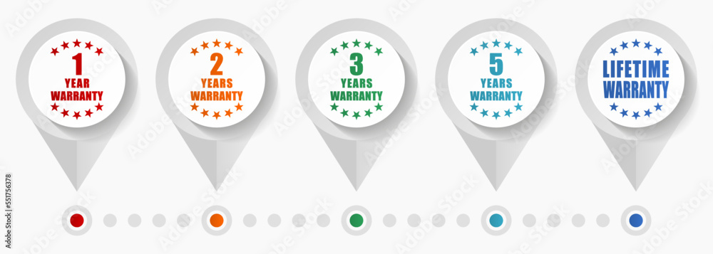 Poster warranty vector icons, guarantee flat design web pointers collection, business concept infographic t