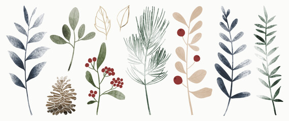 Set of watercolor winter botanical leaf branch on white background. Collection of christmas foliage, pine leaves, pine cone, mistletoe. Design for print, sticker, decoration, card, poster, artwork.  © TWINS DESIGN STUDIO