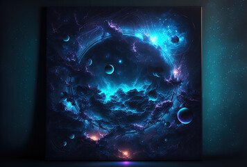 A digital wallpaper featuring a cosmic background with dark and bright blue laser lights would look great.. Generative AI
