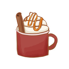 Hand drawn cute isolated clip art illustration of cozy red mug with cream coffee