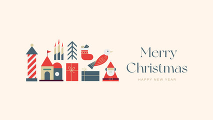 Christmas greetings banner template with modern flat geometric style on pastel color background