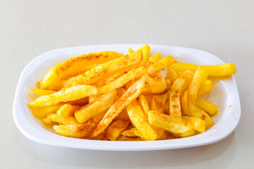 French fries Snack food crispy potato . Fast food or  snacks concept. Patates cips.