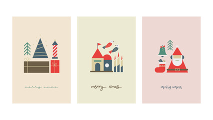 Set of Christmas greeting card poster template with flat geometric icon style concept
