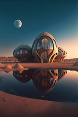 Futuristic architecture on alien planet, space expansion concept, cosmic colonisation
