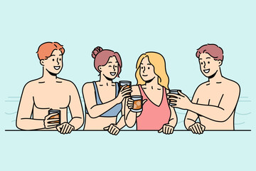 Girls, guys drink cocktails in pool in summer. Friends in swimsuits relaxing at resort. Tourists have fun with beverages in water. Students on vacation. Vector line art colorful isolated illustration.