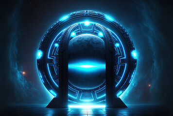 futuristic spherical gateway with blue neon illumination. science fiction history.. Generative AI - obrazy, fototapety, plakaty