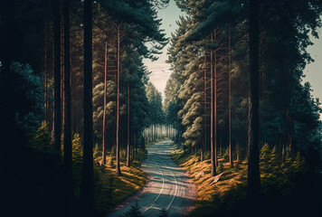 high perspective of a woodland road in the midst of a beautiful setting. Generative AI