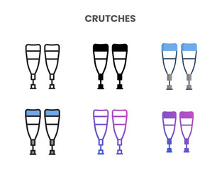 Crutches icons vector illustration set line, flat, glyph, line color gradient. Great for web, app, presentation and more.