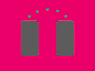 Sharing likes between friends. Two smartphones on a red background. Hearts are transferred from one gadget to another. Communication in social networks. Horizontal image. 3d image. 3d rendering