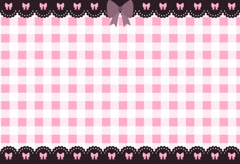 Cute pink kawaii horizontal background with gingham check and dark lace borders with bows
