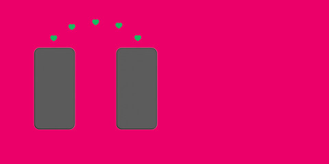 Sharing likes between friends. Two smartphones on a red background. Hearts are transferred from one gadget to another. Communication in social networks. Horizontal image. 3d image. 3d rendering