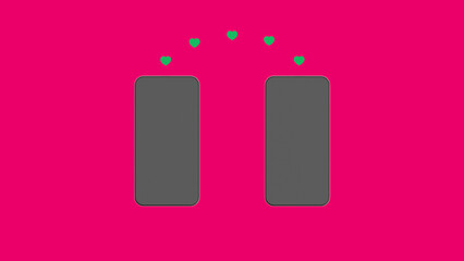 Sharing likes between friends. Two smartphones on a red background. Hearts are transferred from one gadget to another. Communication in social networks. Horizontal image. 3d image. 3d rendering