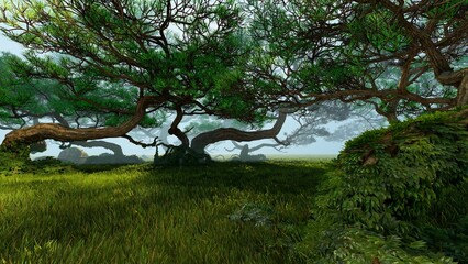 Forest of coniferous trees and green meadow