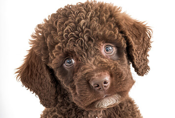 Brown poodle puppy dog portrait staring up on white backdrop. Generative AI