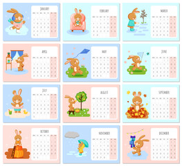 Cute bunny calendar, set of 12 pages for each month, 2023, horizontal layout.