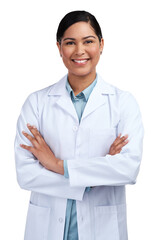 PNG of a cropped portrait of an attractive young female scientist standing with her arms folded in...