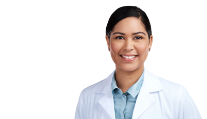 PNG of a cropped portrait of an attractive young female scientist posing in studio against a grey background