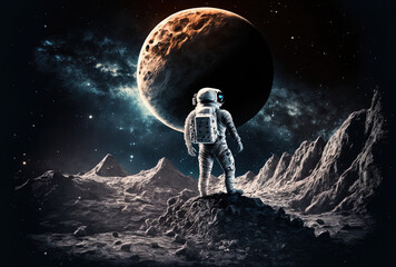 Astronaut mascot a lone astronaut on an asteroid against a background of the night sky.. Generative AI