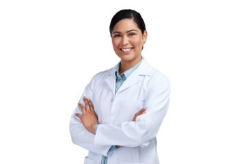 PNG of a cropped portrait of an attractive young female scientist standing with her arms folded in studio against a grey background