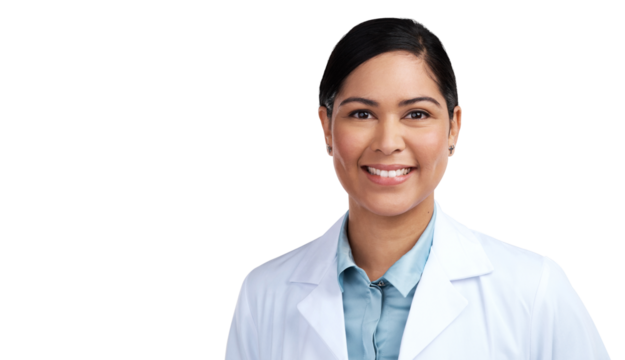 PNG of a cropped portrait of an attractive young female scientist posing in studio against a grey background