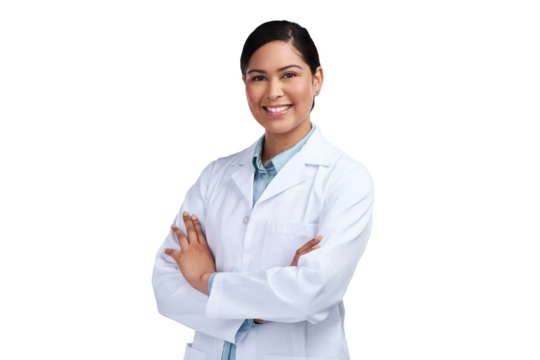 PNG of a cropped portrait of an attractive young female scientist standing with her arms folded in studio against a grey background