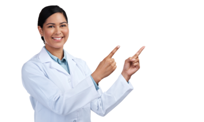 PNG of a cropped portrait of an attractive young female scientist pointing towards copyspace in studio against a grey background