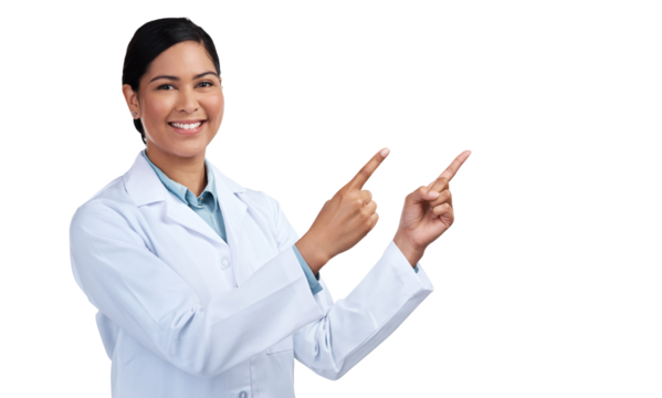 PNG of a cropped portrait of an attractive young female scientist pointing towards copyspace in studio against a grey background - Powered by Adobe